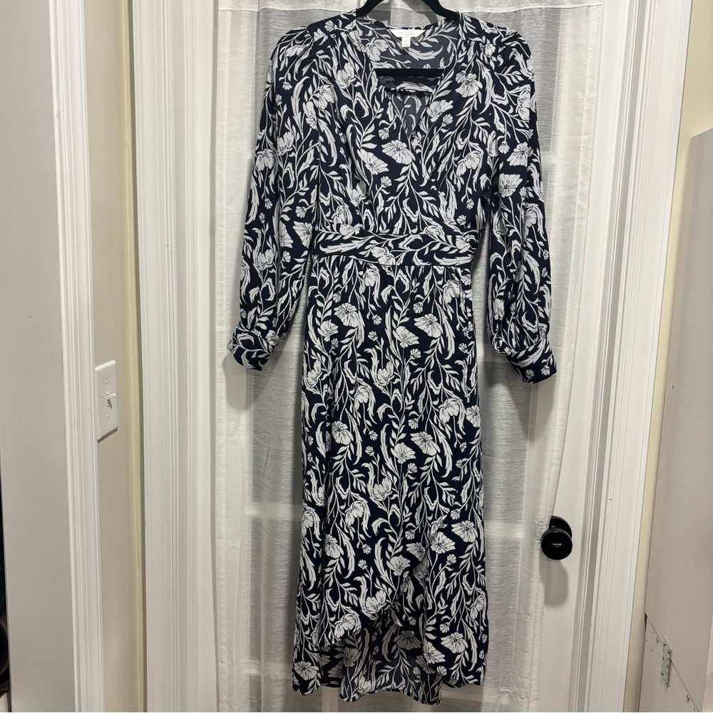 Lauren Conrad Wrap Dress Black & White Floral Long Sleeve High Low Hem Medium